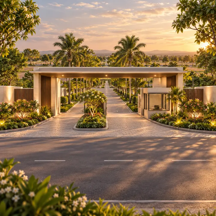 Sattva Dabaspete landscaped entrance with a gateway arch, security cabin and paved driveway, artist's impression Sattva Dabaspete landscaped entrance with a gateway arch, security cabin and paved driveway, artist's impression