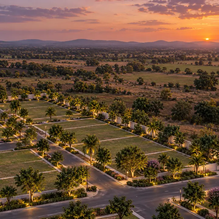 Sattva Dabaspete plots and lit internal roads at dusk with open countryside and a distant hill beyond, artist's impression Sattva Dabaspete plots and lit internal roads at dusk with open countryside and a distant hill beyond, artist's impression