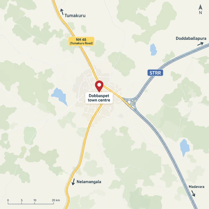 Sattva Dabaspete location map showing Dobbaspet town centre on NH 48 at the STRR junction, with Tumakuru, Nelamangala and Doddaballapura marked Sattva Dabaspete location map showing Dobbaspet town centre on NH 48 at the STRR junction, with Tumakuru, Nelamangala and Doddaballapura marked